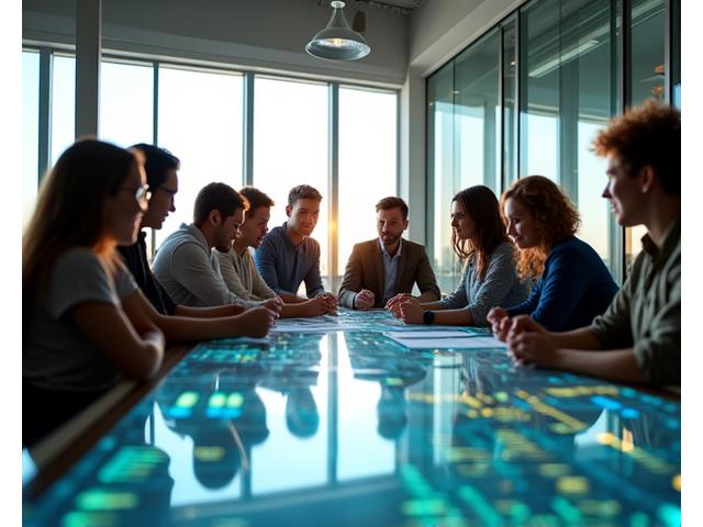 A brightly lit, modern office space with a team collaborating on renewable energy plans, symbolizing innovation and future focus.